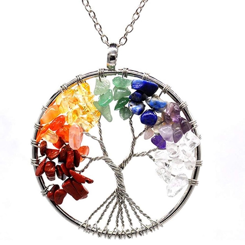 Natural Healing Crystals Quartz Tree of Life Necklace 7 Chakras Gemstone Pendant